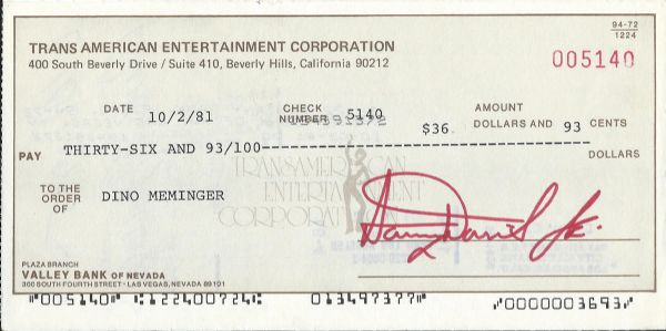 Sammy Davis Jr. Signed Business Bank Check Written to Actor Dino Meminger (PSA/DNA)