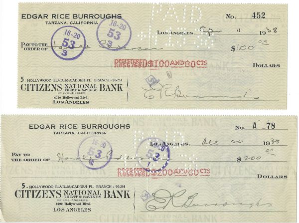 Tarzan: Edgar Rice Burroughs Lot of Two (2) Handwritten & Signed Bank Checks (PSA/DNA)