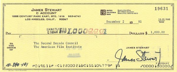 Jimmy Stewart Signed Business Bank Check (PSA/DNA)