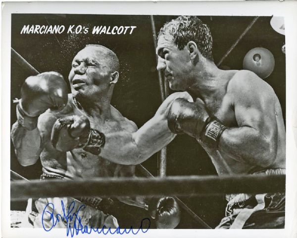 Rocky Marciano Signed 8" x 10" Photograph featuring Famed "Walcott KO" Image - RARE Uninscribed Autograph - PSA/DNA Graded MINT 9!