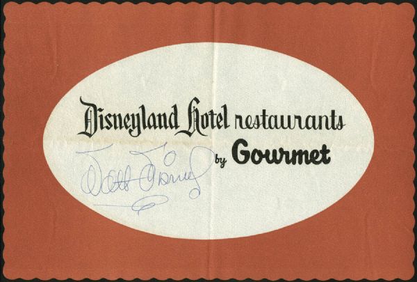 Walt Disney Signed Vintage Disneyland Hotel Restaurant Placemat w/Exceptional Autographj (JSA)