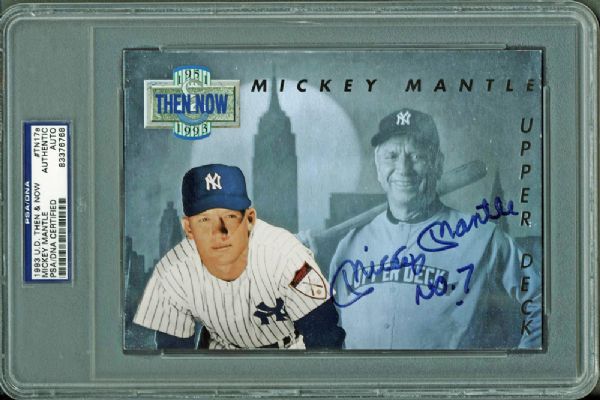 Mickey Mantle Signed 1993 Upper Deck "Then & Now" 5" x 7" 3-D Hologram Card w/"No. 7" Insc. (JSA & PSA/DNA Encap)