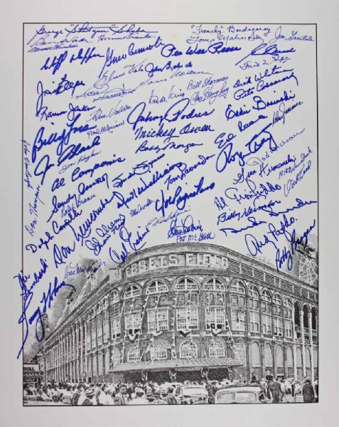 Brooklyn Dodger Greats Signed Ebbets Field Litho w/55 Sigs Inc. Snider, Reese, etc. (PSA/DNA)