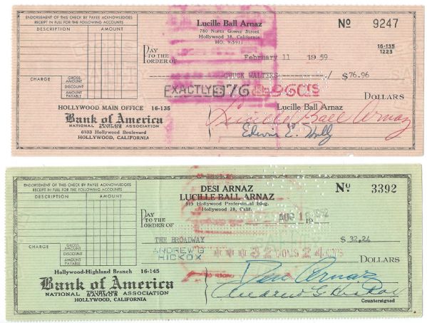 Lucille Ball & Desi Arnaz: A Pair of Signed Bank Checks from TVs Favorite Couple! (PSA/DNA)