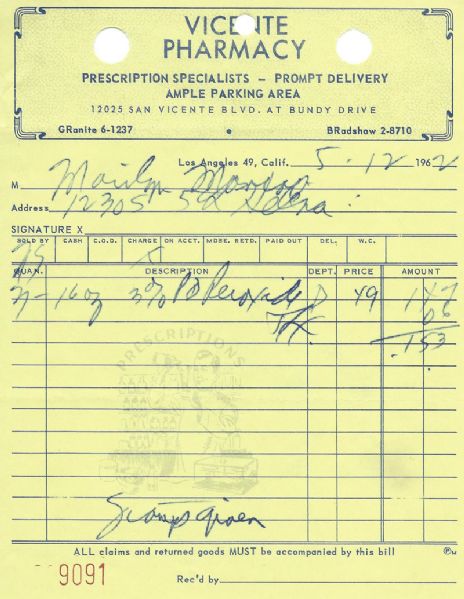 Marilyn Monroe: Marilyns Personal (Unsigned) Drugstore Receipt for Peroxide Bleach for her Blonde Hair!