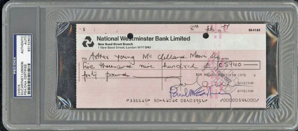 The Beatles: John Lennon & Paul McCartney Dual Signed MacLen Music Business Check with Strong Autographs (PSA/DNA Encapsulated)