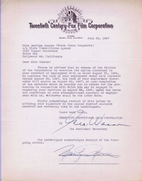Marilyn Monroe Historically Significant Signed Termination Agreement from 20th Century Fox Film Corportation - Hollywoods Greatest Starlet is "Fired" by Her First Studio! (PSA/DNA)