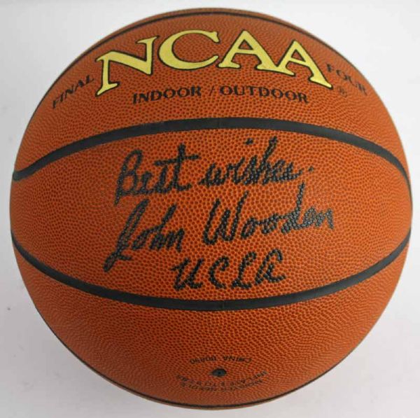 John Wooden Signed & Inscribed Wilson NCAA I/O Basketball (PSA/DNA)