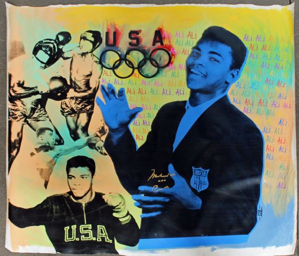 Muhammad Ali & Artist Steve Kaufman Dual Signed 38" x 38" Olympic Gold Limited Edition Artist Proof Serigraph with "Muhammad Ali aka Cassius Clay" Autograph (PSA/DNA)