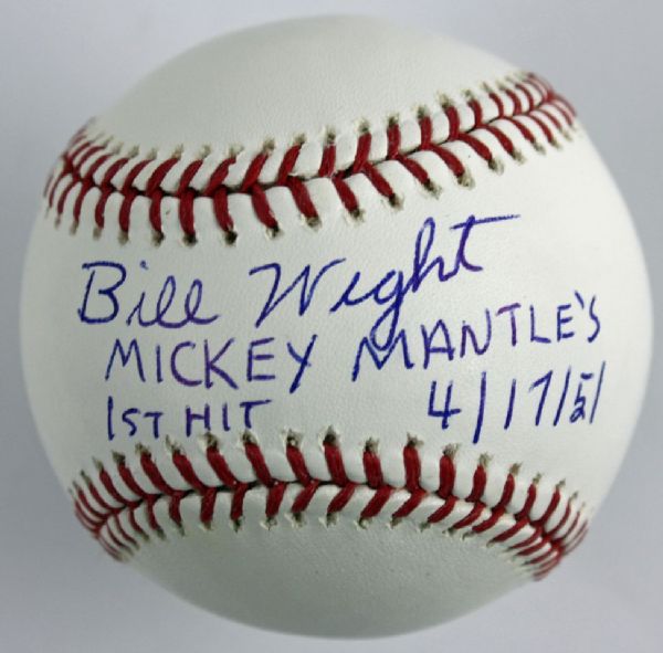 Bill Wight "Mickey Mantles 1st Hit 4/17/51" Single Signed OML Baseball (PSA/DNA)
