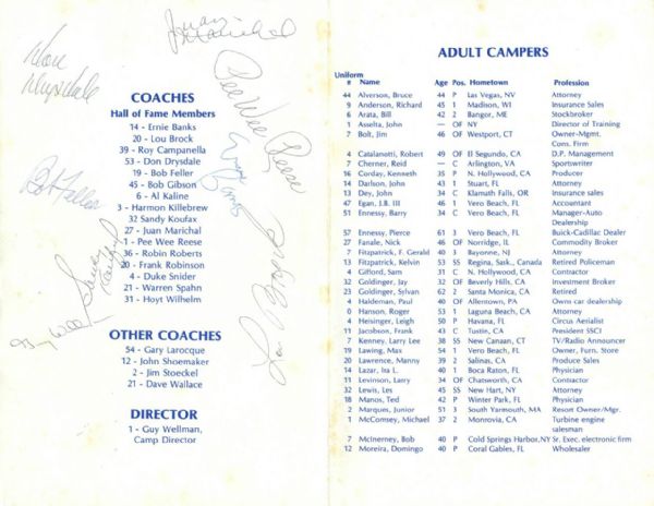 Two Dodgers "Ultimate Adult Baseball Camp" Signed Programs w/ Koufax, Drysdale, Feller & 5 Others (JSA)