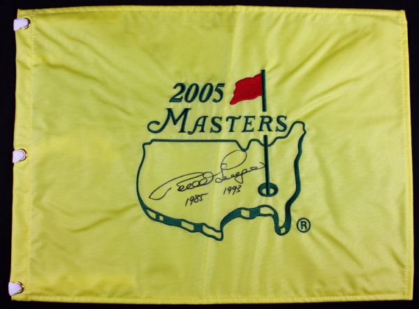 Bernhard Langer Signed 2005 Masters Pin Flag with "1985, 1993" Victory Years Inscription (PSA/DNA)