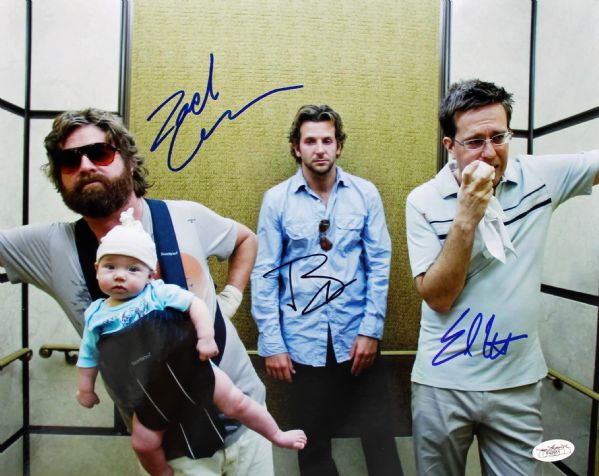 "The Hangover" Cast Signed 11" x 14" Color Photo w/ Cooper, Helms & Galifianakis (JSA)