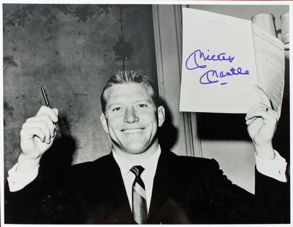 Mickey Mantle Signed 11” x 14” Black & White Photo of First Major League Contract Signing! (PSA/DNA GEM MINT 10)