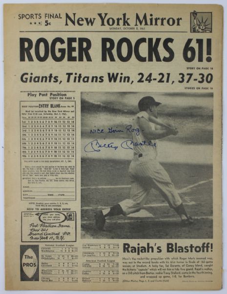 Mickey Mantle Signed Oct 2, 1961 NY Mirror Newspaper with RARE "Nice Goin Rog" Inscription - PSA/DNA GEM MINT 10