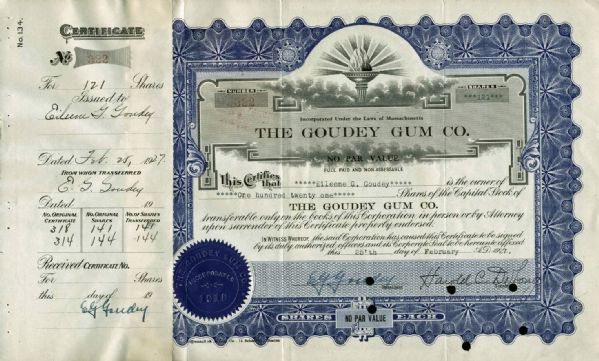 E.G. Goudey Signed 1927 Goudey Gum Co. Stock Certificate (PSA/DNA)