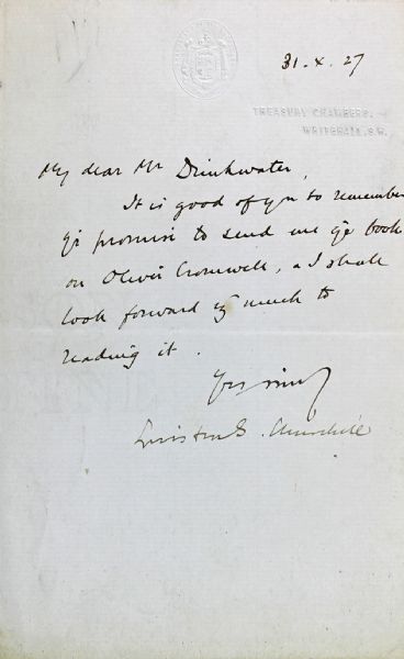 Winston Churchill SCARCE Handwritten Letter as Chancellor of the Exchequer Regarding "Oliver Cromwell" (JSA)