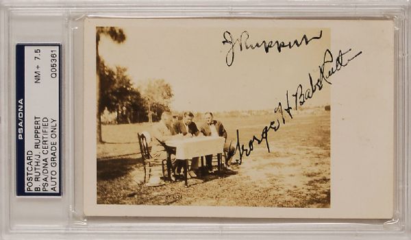 Babe Ruth & Jacob Ruppert Signed 3.5" x 5.5" Vintage Postcard Photo with Rare "George H. Babe Ruth" Autograph (PSA/DNA Encapsulated)