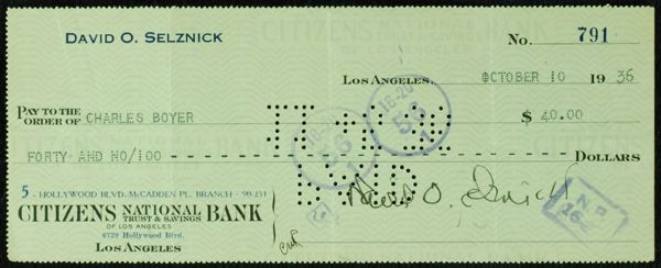 David Selznick Signed Personal Check (1936) to Actor Charles Boyer (PSA/DNA)