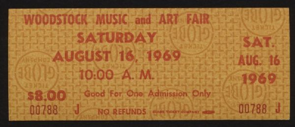 Woodstock: Original One-Day Unused Concert Ticket (Saturday, 8/16/69)