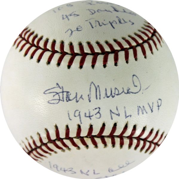 Limited Edition Signed Stan Musial Stat OML Baseball Glorifying One of the Best Seasons of All Time 1943! (PSA/DNA)