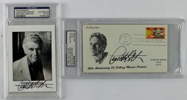 Charlton Heston Lot of 2 w/ Signed Photo & First Day Cover (PSA/DNA Encapsulated)