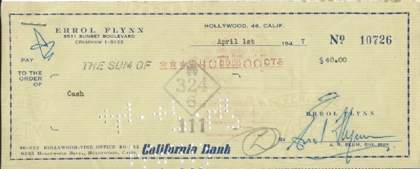 Errol Flynn Signed Personal Bank Check (1947)(PSA/DNA)