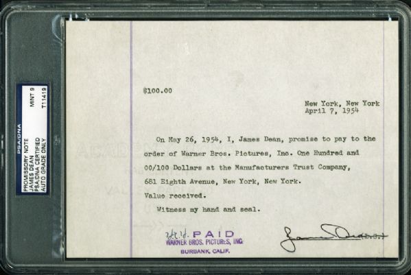 James Dean ULTRA RARE Signed $100.00 Promissory Note for Loan from Warner Bros (PSA/DNA Encapsulated)
