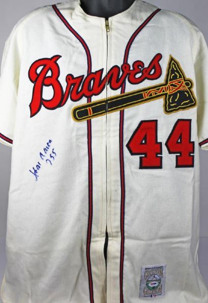 Hank Aaron Signed Mitchell & Ness Braves Vintage Style Jersey w/"755" Insc. (PSA/DNA)