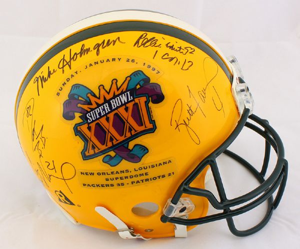 Superbowl XXXI Champion Green Bay Packers Team Signed Proline Helmet w/ White, Farve ect (JSA)
