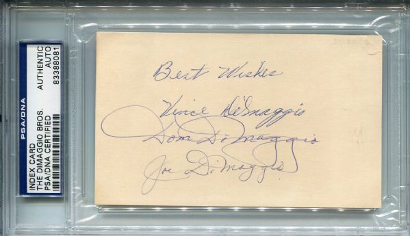 DiMaggio Brothers: Joe, Vince & Dom Dimaggio Signed Index Card (PSA/DNA)