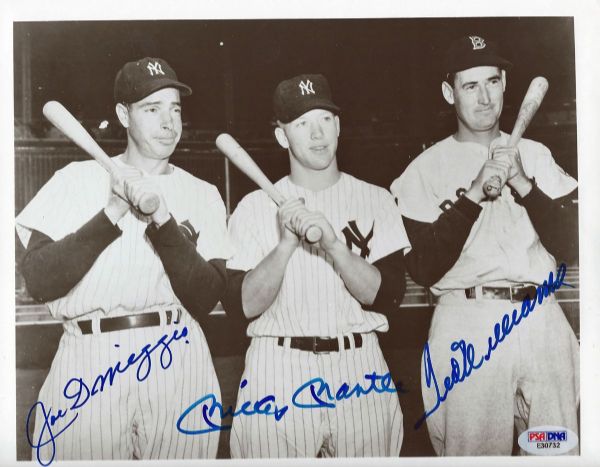 Mickey Mantle, Ted Williams & Joe DiMaggio Signed 8" x 10" B&W Photo (PSA/DNA)