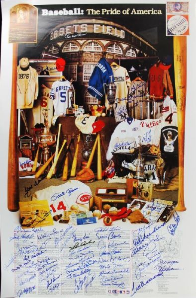 Baseball HOFers & Stars Impressive Signed 24" x 37" Poster with 60 Sigs Incl. Mantle, Williams, Aaron, etc. (JSA)
