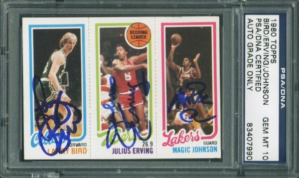 1980-81 Topps Magic Johnson, Larry Bird & Julius Erving Card - Signed by All 3 - Magic & Birds Rookie - PSA/DNA Autograph Graded GEM MINT 10!
