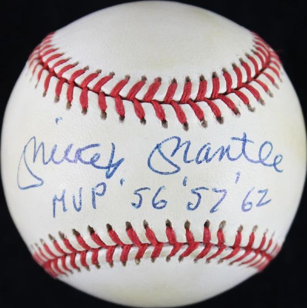 Mickey Mantle Signed OAL Baseball with "MVP 56, 57, 62" Inscription (PSA/DNA)