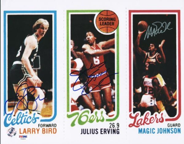 Magic Johnson, Larry Bird & Julius Erving Signed 11" x 14" Color Photo (PSA/DNA)