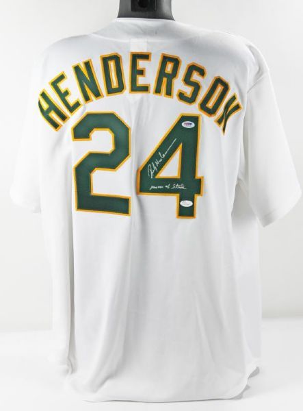 Rickey Henderson Signed Oakland Athletics Jersey with "Man of Steal" Inscription (PSA & JSA)