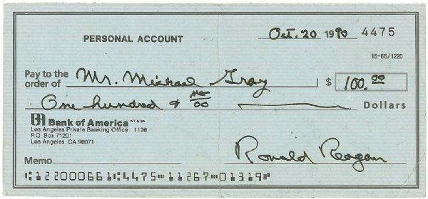 Ronald Reagan Rare Handwritten & Signed Personal Bank Check (PSA/DNA)
