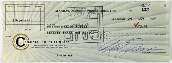 Marilyn Monroe Vintage Signed Business Bank Check with Superb Signature (PSA/DNA)