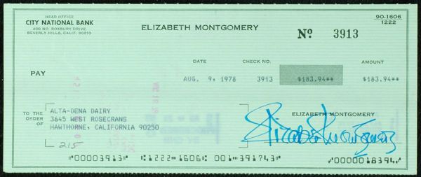 Elizabeth Montgomery Signed Personal Check (PSA/DNA)