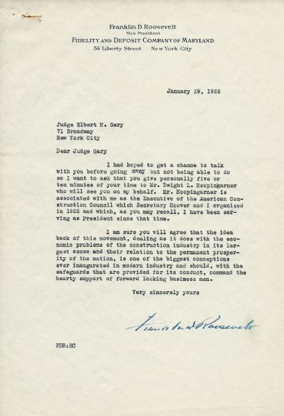 Franklin D. Roosevelt Typed Letter Signed as VP of Fidelity Company of Maryland (PSA/DNA)