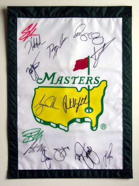 Masters Signed Garden Flag with Tiger Woods, Mickelson, McIlroy, etc (14 Sigs)(Green Jacket COA)