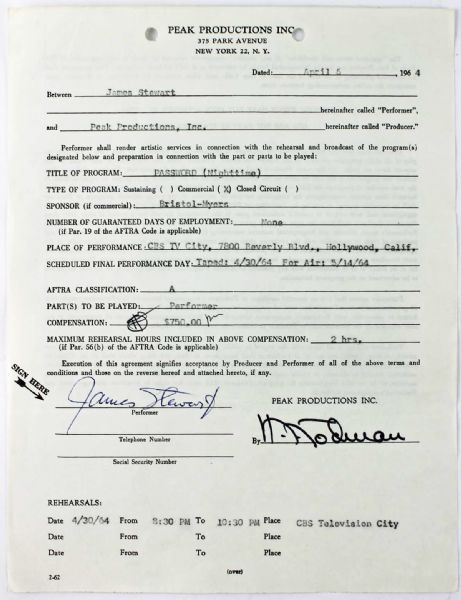 Jimmy Stewart Signed 1964 TV Appearance Contract (PSA/DNA)