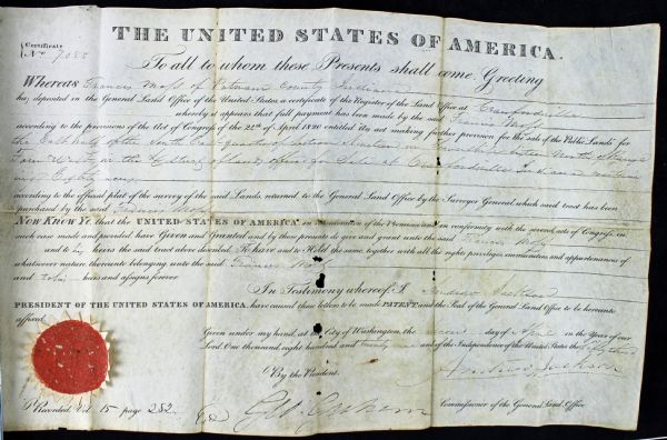 President Andrew Jackson Signed Land Grant (PSA/DNA)