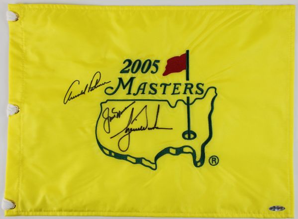 Tiger Woods, Arnold Palmer & Jack Nicklaus Signed 2005 Masters Pin Flag! (PSA & UDA)