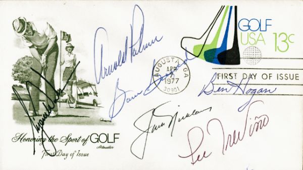 Golf Legends Signed FDC w/ Woods, Nicklaus, Palmer, Snead, Hogan & Trevino (Green Jacket)