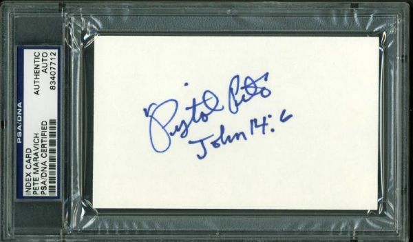 Pistol Pete Maravich Signed 3" x 5" Index Card (PSA/DNA Encapsulated)