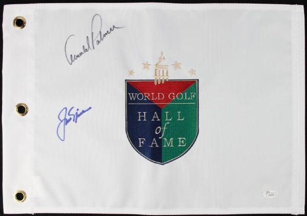 Jack Nicklaus & Arnold Palmer Signed World Golf HOF Signed Pin Flag (JSA)