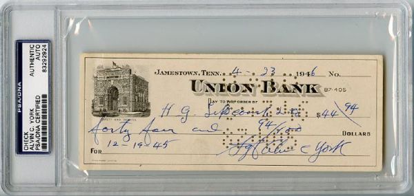 WWI: Sgt Alvin York Handwritten & Signed Bank Check (PSA/DNA Encapsulated)