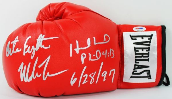 Mike Tyson & Evander Holyfield Signed Everlast Boxing Glove with "Bite Fight - 6-28-97" Inscription (PSA/DNA)